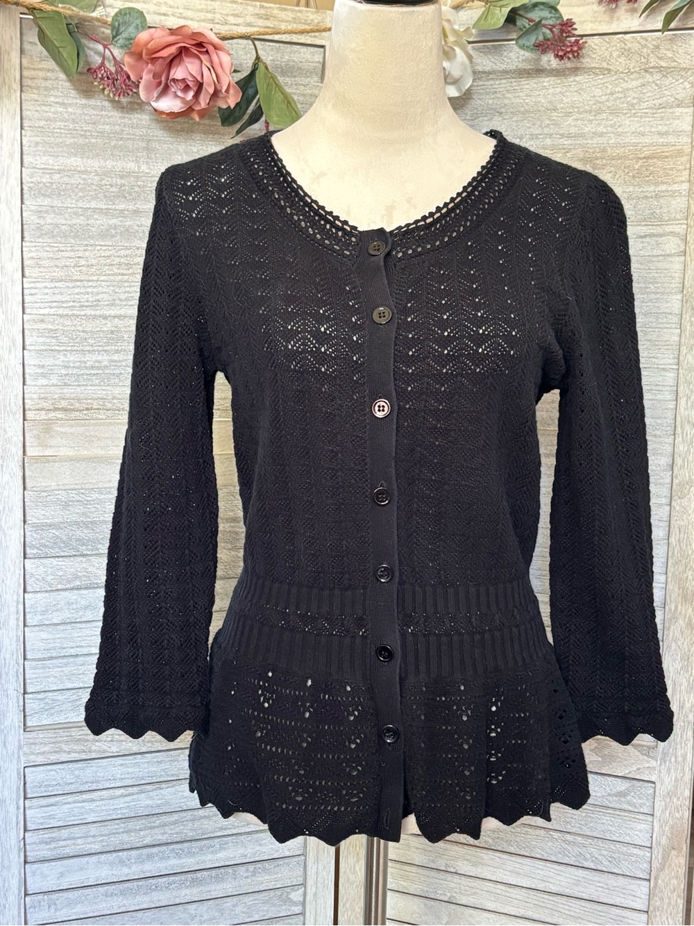 Y2K Vintage EXPRESS Black Crochet Knit Cardigan w/ Crochet Peplum, Women’s SZ LG - Picture 6 of 16